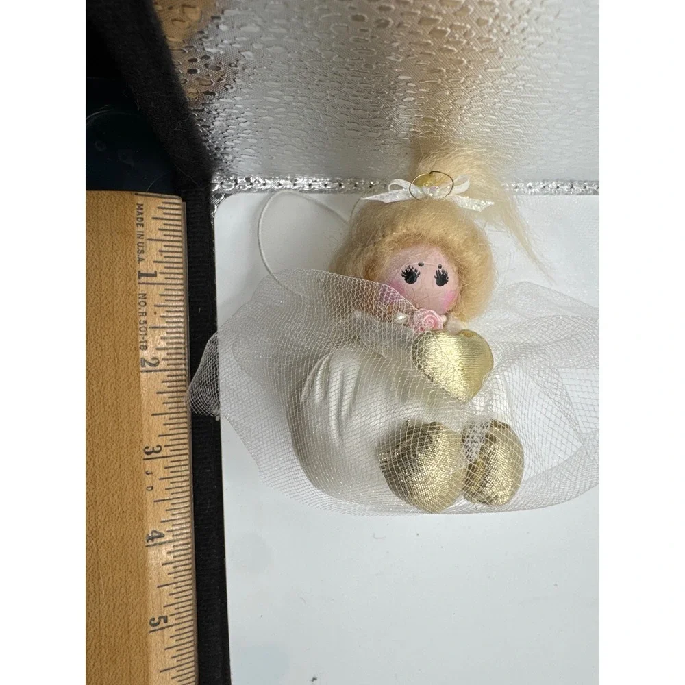 Vintage Style Whimsical Blonde Angel Ornament White Satin Gold Heart 4 Inch